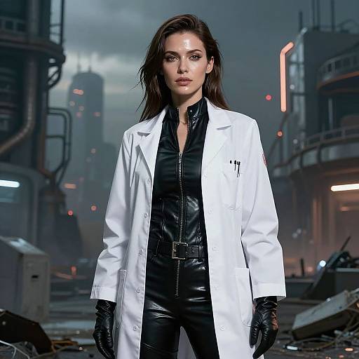 Photograph of a confident woman with dark hair, wearing a white lab coat over a black leather outfit, standing in a futuristic, industrial cityscape with