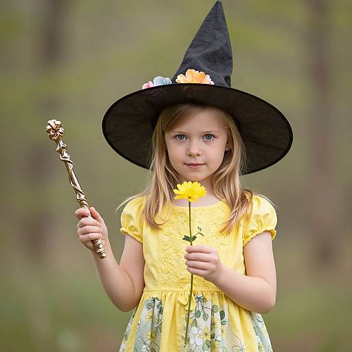 Photograph of a young girl with blonde hair, wearing a black witch hat, yellow dress, holding a yellow flower and a twisted staff, in a