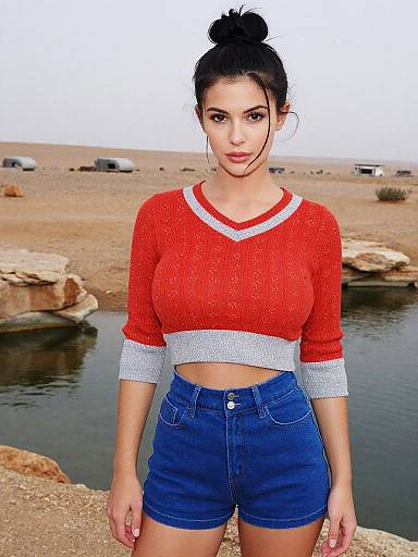 Photograph of a young woman with dark hair in a bun, wearing a red crop top with white trim, and blue denim shorts, standing in a