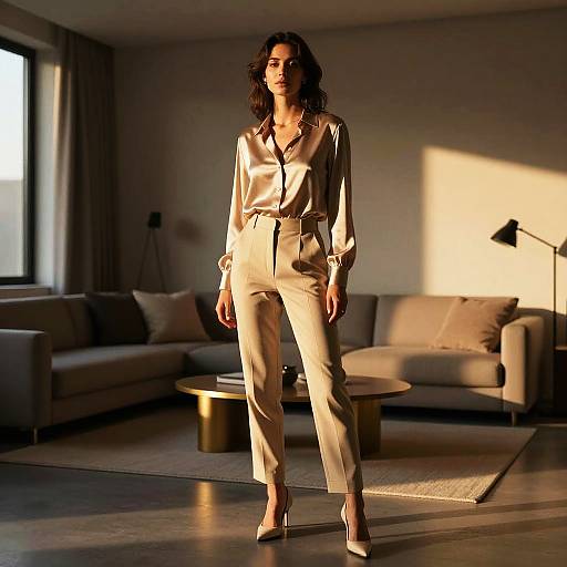 Photograph of a confident woman with wavy dark hair, wearing a cream satin blouse and beige trousers, standing in a sunlit modern living room with