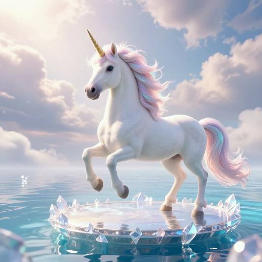 Digital illustration of a white unicorn with a pink and purple mane, standing on an ice floe in a bright, cloudy sky over a shimmering ocean