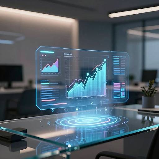 CGI image of a futuristic office with a holographic graph displaying a blue, rising line chart on a glowing glass table.
