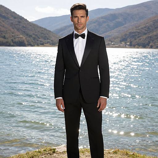 Handsome Man in Tuxedo by Mountain Lake