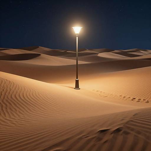 Photograph of a single glowing streetlamp illuminating rippled sand dunes under a dark, starry night sky, casting warm light on the surrounding