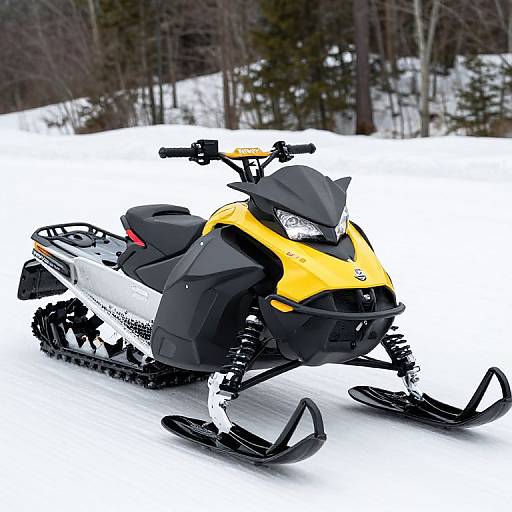 Photograph of a yellow and black snowmobile with black tracks, positioned on a snowy landscape with trees in the background.