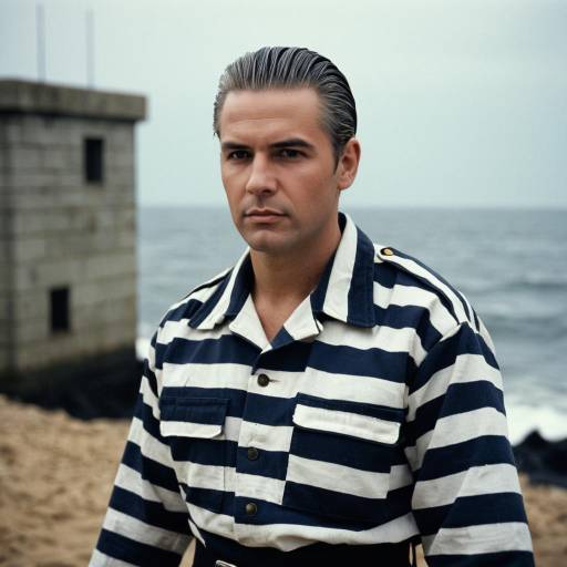 Man in Vintage Striped Prison Uniform by the Sea