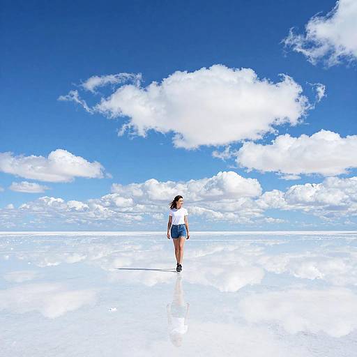 Girl Walking on Uyuni Salt Flat Reflection
