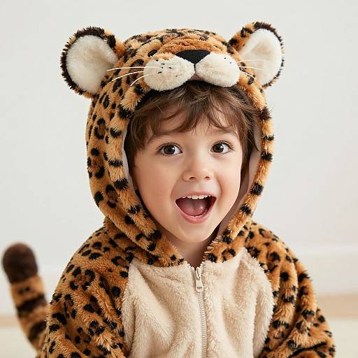 Photograph of a young boy with brown hair, wide eyes, and open mouth, wearing a leopard-print hooded onesie with cat ears and nose