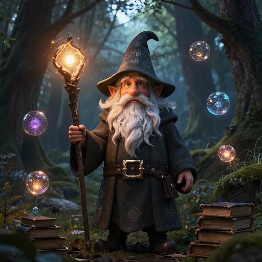 Digital illustration of a whimsical, bearded wizard with a glowing staff, dark hat, and cloak, surrounded by colorful bubbles in a mystical forest with