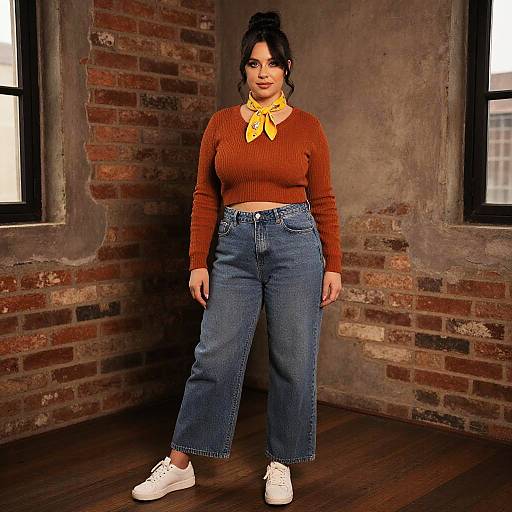 Photograph of a curvy Latina woman with dark hair in a bun, wearing a brown sweater, yellow scarf, high-waisted jeans, and
