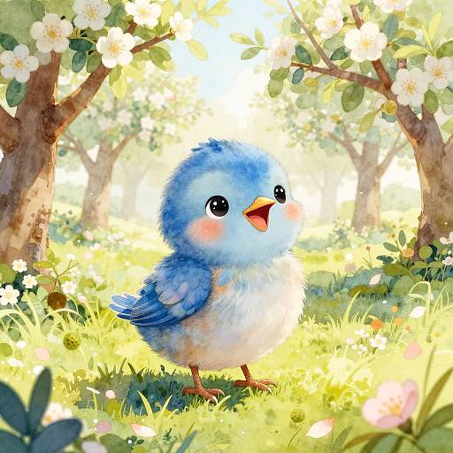 Cheerful Bluebird Chick in Pastel Dream