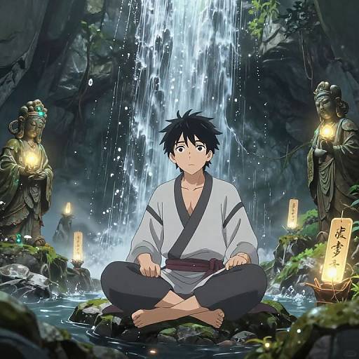 Anime-style digital illustration of a black-haired young man in a white kimono, sitting cross-legged by a waterfall, surrounded by lanterns and statues,