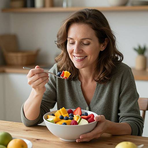 Photograph of smiling woman with wavy brown hair, gray V-neck sweater, eating colorful fruit salad from white bowl in bright kitchen.