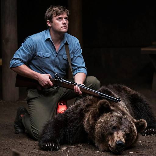 Intense Moment: Man with Rifle and Bear