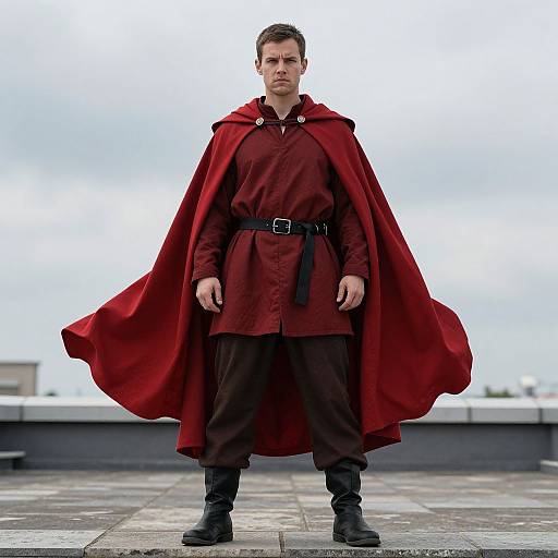 Photograph of a serious young man with short brown hair, wearing a red cape, matching tunic, black belt, and boots, standing on a