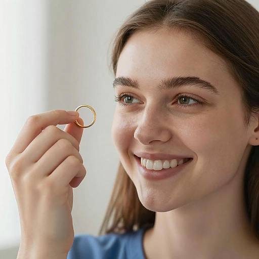 Smiling Woman Showcasing a Gold Ring