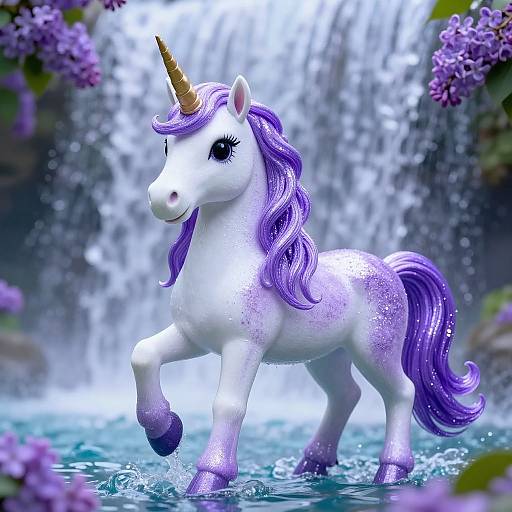Digital illustration of a sparkling white unicorn with a purple mane and tail, standing in a shallow stream, surrounded by cascading waterfalls and purple flowers.
