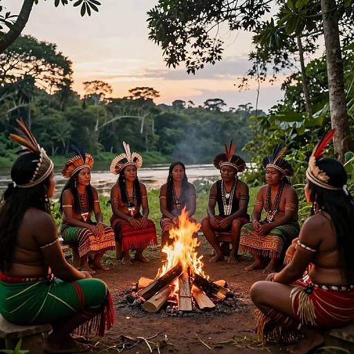 Indigenous Amazon Campfire at Sunset