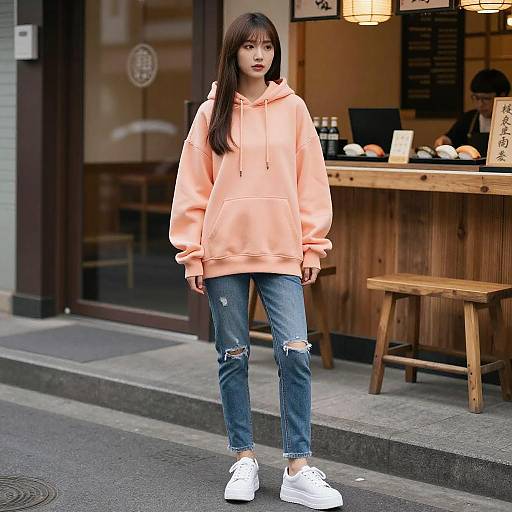 Young Woman in Peach Hoodie Outside Sushi Bar