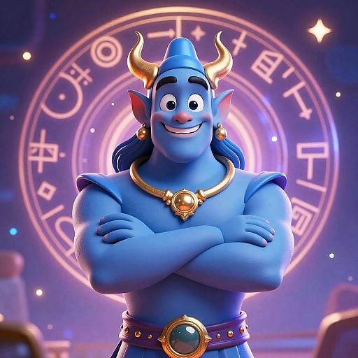 CGI image of a blue-skinned, horned, muscular genie with crossed arms, gold necklace, and belt, standing before a glowing, circular