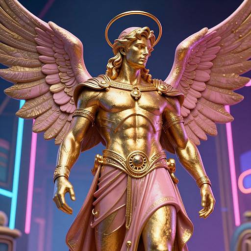 Gilded angel statue with large pink wings, golden armor, and pink draped cloth, standing in a neon-lit futuristic background.