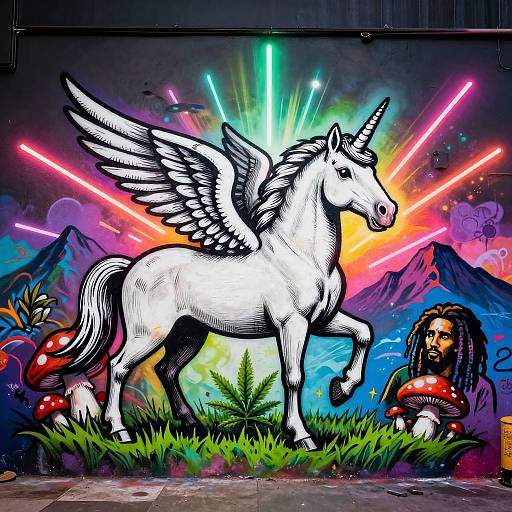 Digital artwork of a white winged unicorn with a horn, standing on grass with vibrant rainbow lights, mountains, and a man with dreadlocks and mushrooms