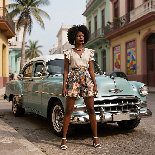 Photograph of a confident Black woman with natural afro, wearing a floral high-waisted romper and white top, standing in front of a
