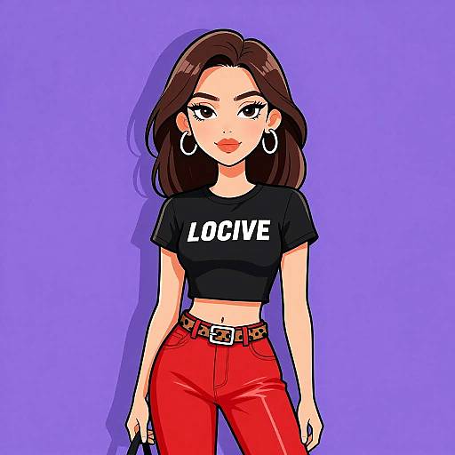 Digital illustration of a young woman with brown hair, wearing a black 