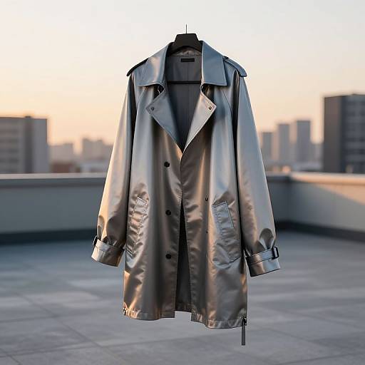 Photograph of a silver, long, double-breasted trench coat with black buttons, hanging on a hanger on a rooftop at sunset. Urban city