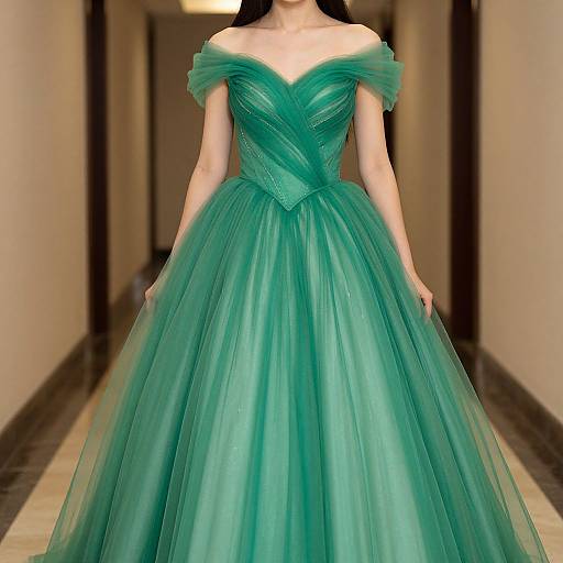 Photograph of a woman in a floor-length, emerald-green, off-the-shoulder, tulle ball gown with a fitted bodice,