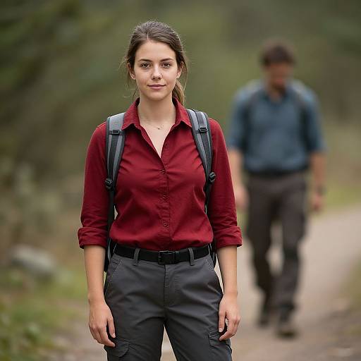 Photograph of a focused, brown-haired woman in a red shirt and black pants, with a backpack, walking on a forest path, blurred man in