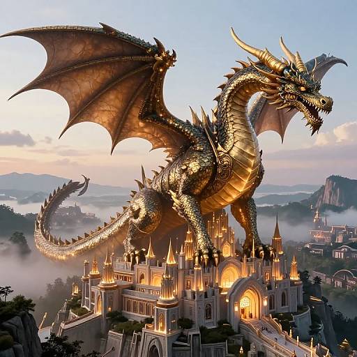 Digital artwork of a golden dragon with black wings perched on a glowing, medieval castle at sunrise, overlooking misty mountains.
