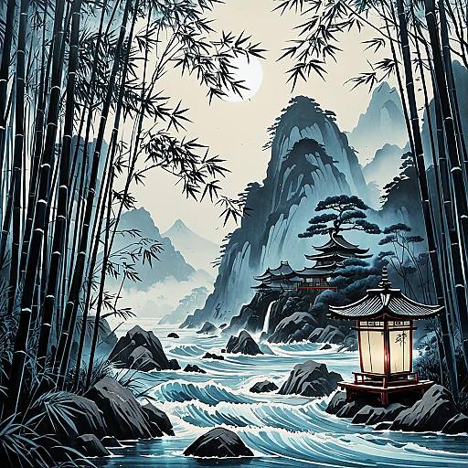 Serene Bamboo Forest with Lanterns and Mountain Temple