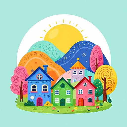 Whimsical Colorful Village Illustration
