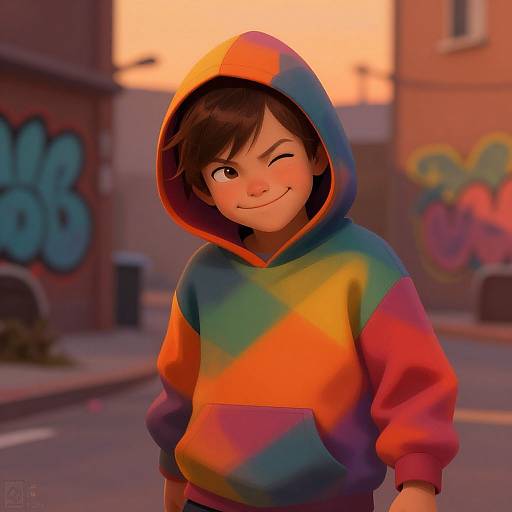 Kid in Colorful Hoodie Smirking on Urban Street