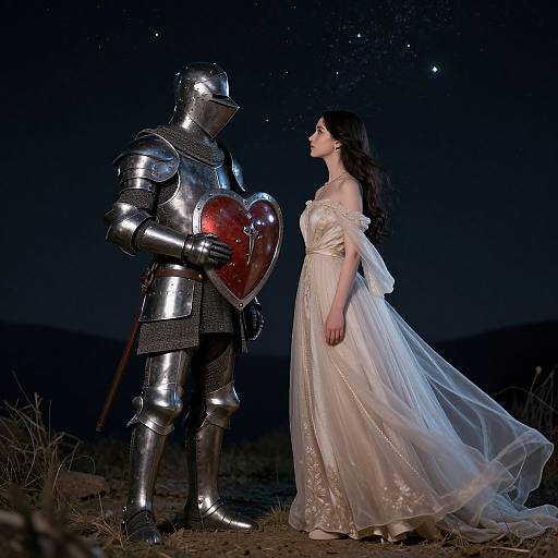 Photograph of a fair-skinned woman in a white, off-shoulder wedding gown facing a knight in shiny silver armor holding a red heart-shaped