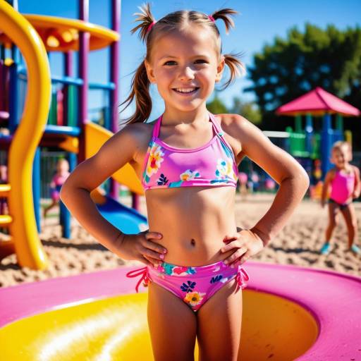 Smiling Girl in Pink Floral Bikini at Playground