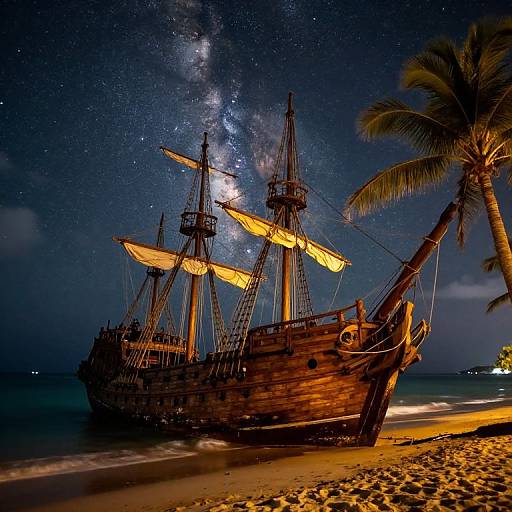Photograph of a wooden pirate ship with glowing yellow sails on a moonlit beach, under a starry night sky with the Milky Way, and a