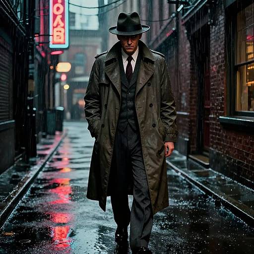 Photograph of a mysterious man in a long, dark trench coat and fedora, walking down a wet, neon-lit alley at night.
