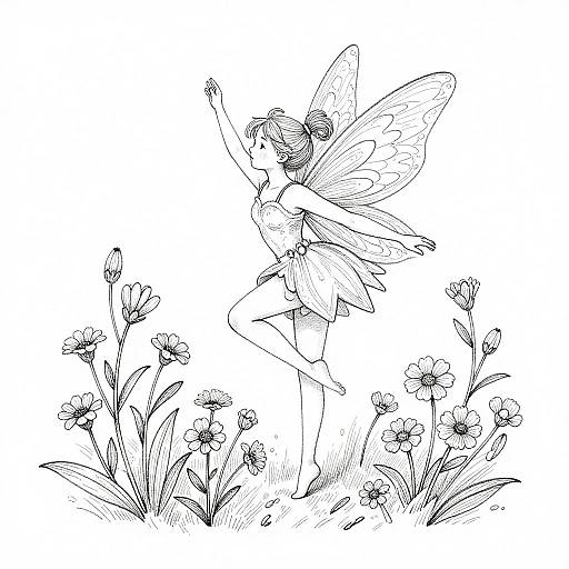 Black-and-white line drawing of a fairy with delicate wings, dancing among flowers. She has a dress, hair bun, and raised arm, surrounded by