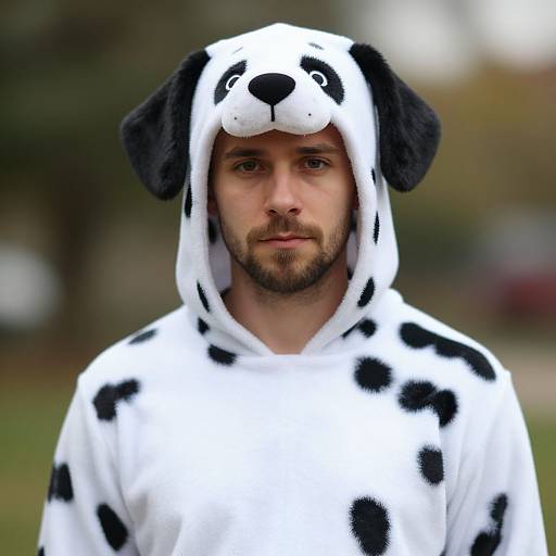 Photograph of a bearded man in a white Dalmatian hooded costume with black spots, standing outdoors, blurred green background.