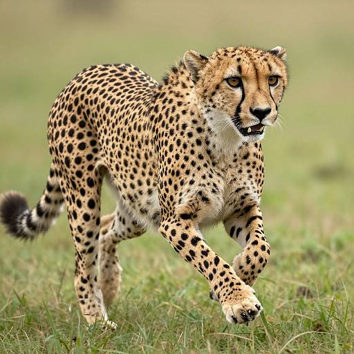 Photograph of a sleek, spotted cheetah with a focused expression, mid-stride across a grassy savanna, showcasing its powerful build and