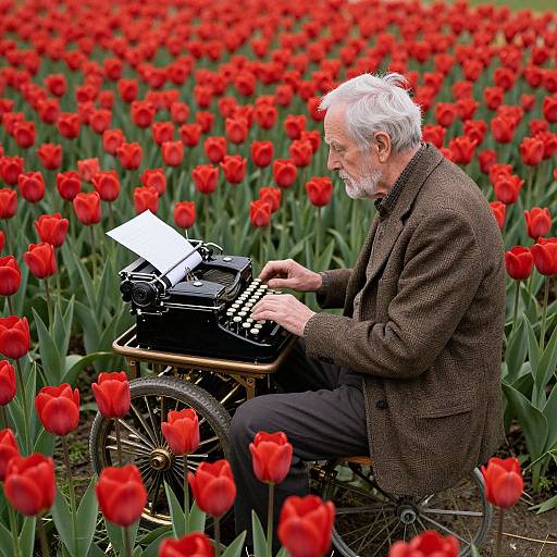 Elderly man with white hair and beard, wearing brown coat, typing on vintage typewriter in vibrant red tulip field.