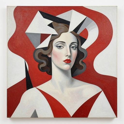 Stylized painting of a pale-skinned woman with red lips, dark wavy hair, and a red-white abstract background, wearing a red dress
