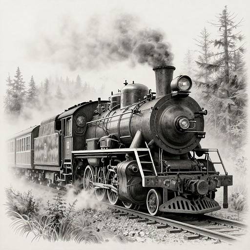 Black-and-white digital drawing of a vintage steam locomotive with smoke billowing, traveling through a forested area on railway tracks.