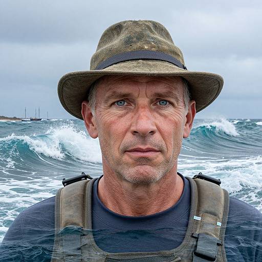Photograph of a middle-aged man with blue eyes, wearing a camo hat and vest, standing in the ocean with waves behind him, under an
