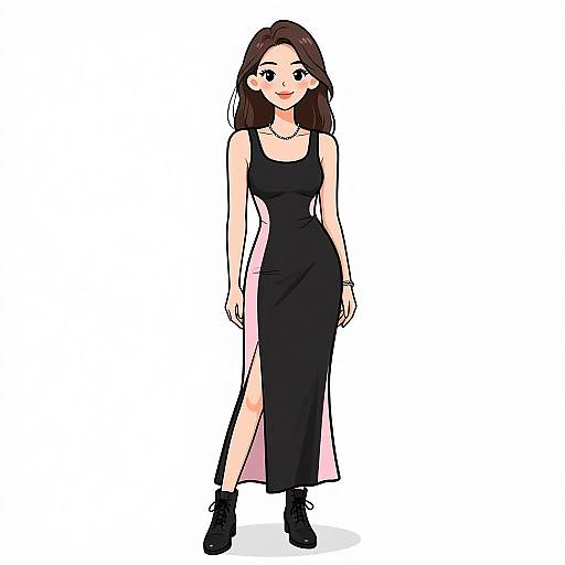Digital drawing of a smiling woman with long brown hair, wearing a black sleeveless dress with a pink side panel and high heel boots, standing against a