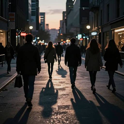 Silhouetted pedestrians walk down a wet, urban street at dusk, casting long shadows; city lights and buildings in the background. Photograph.