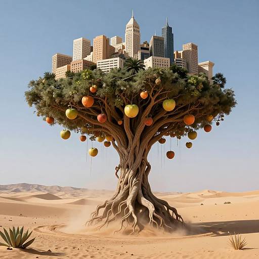 Digital art: surreal desert scene with a giant, twisted tree bearing colorful fruit, blending into a modern city skyline in the background.