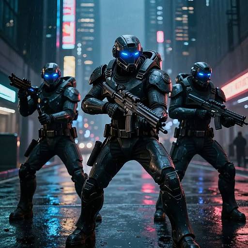 CGI image of three futuristic, blue-eyed, armored soldiers with rifles standing in a neon-lit, rainy, urban street at night.